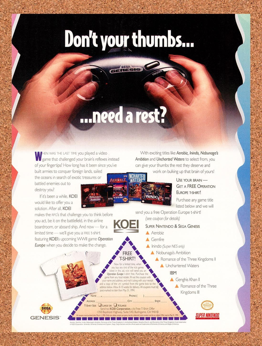 1994 Koei Video Game Sweepstakes Original Advertisement / Retro Promo v2