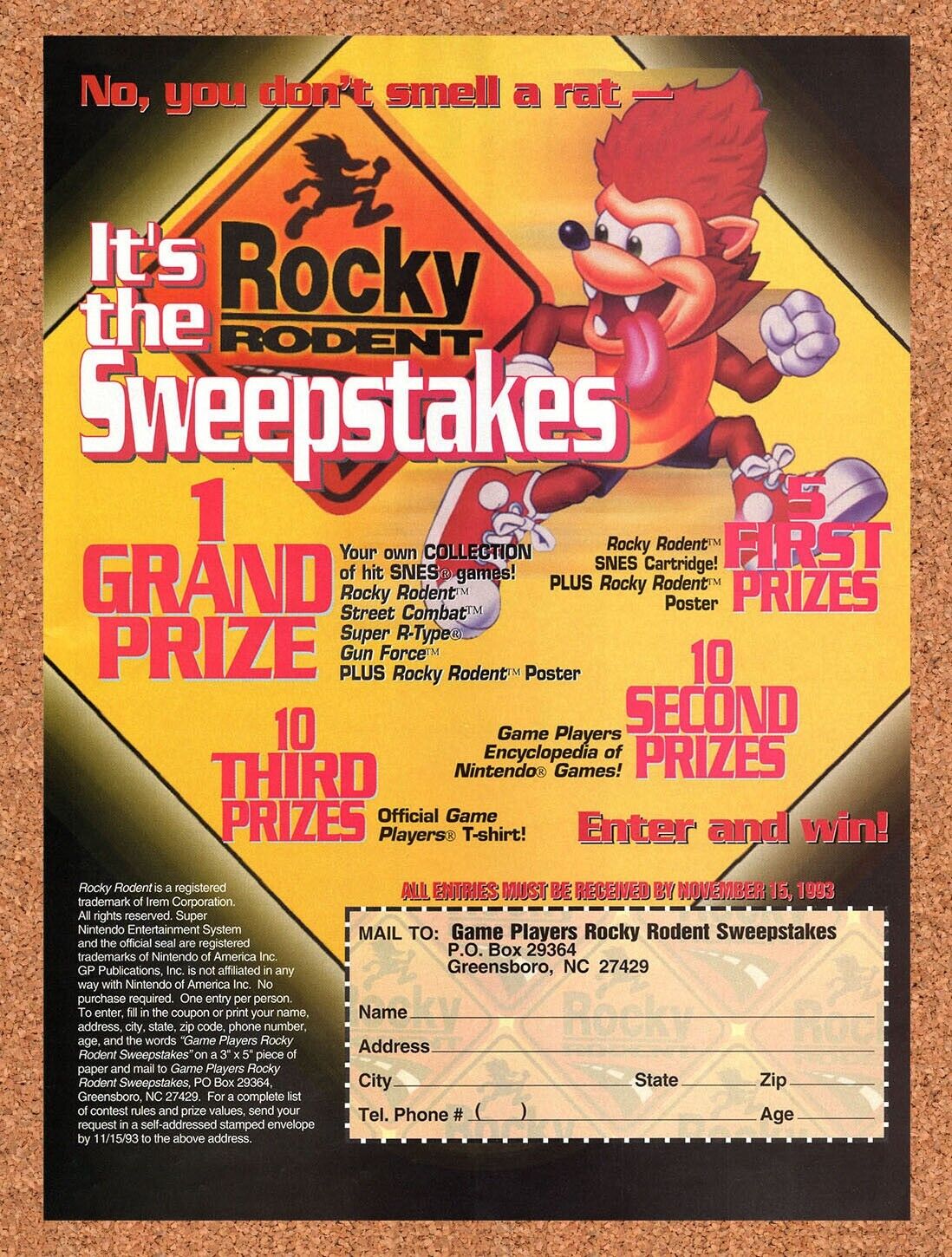 1993 Rocky Rodent Sweepstakes Original Advertisement / Retro Wall Art v1