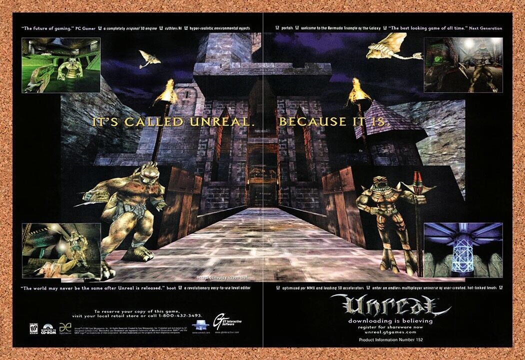 1998 Unreal PC Original Advertisement / Retro Wall Art v4