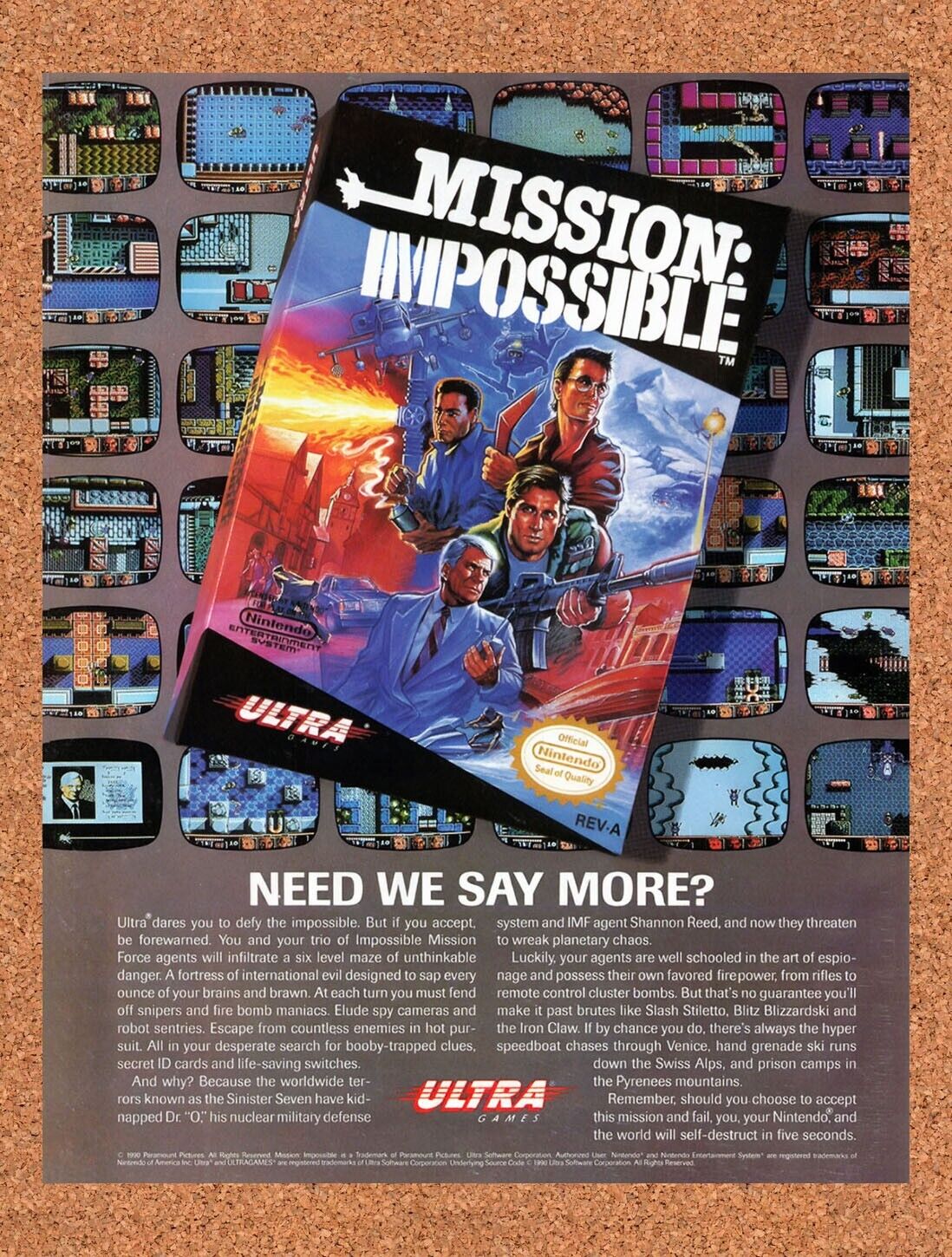 1990 Mission Impossible NES Original Advertisement / Retro Wall Art v1