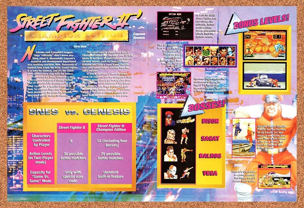 1993 Street Fighter 2 Champion Edition  SNES Vs Genesis Original Ad / Wall Art