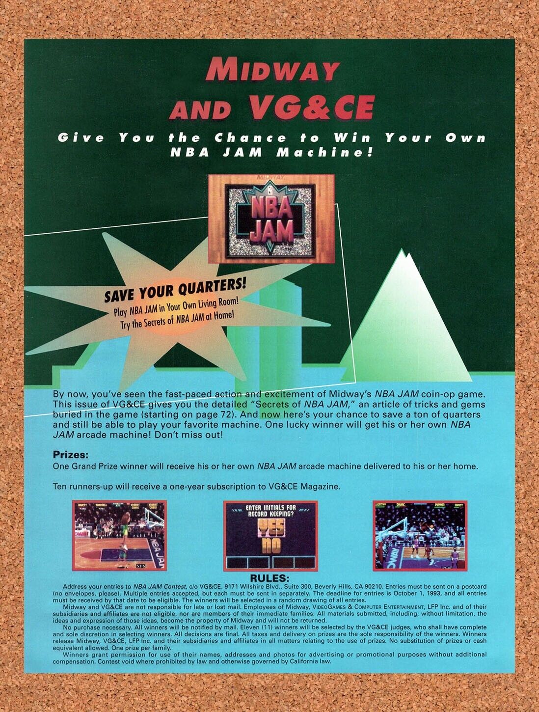 1993 NBA Jam Midway Sweepstakes Original Advertisement / Retro Wall Art v4