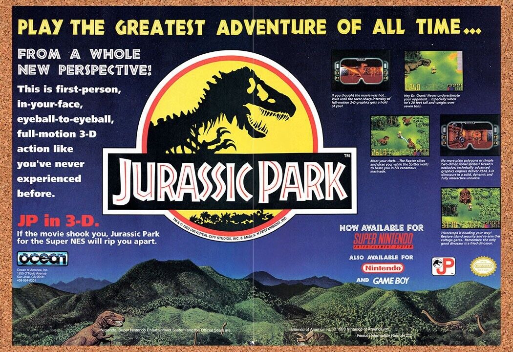 Jurassic Park SNES Original 1994 Ad Authentic Super Nintendo Game Promo