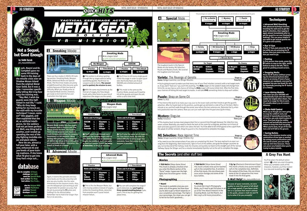 1999 Metal Gear Solid VR Missions Hints Cheat Sheet Original Ad / Promo vr1