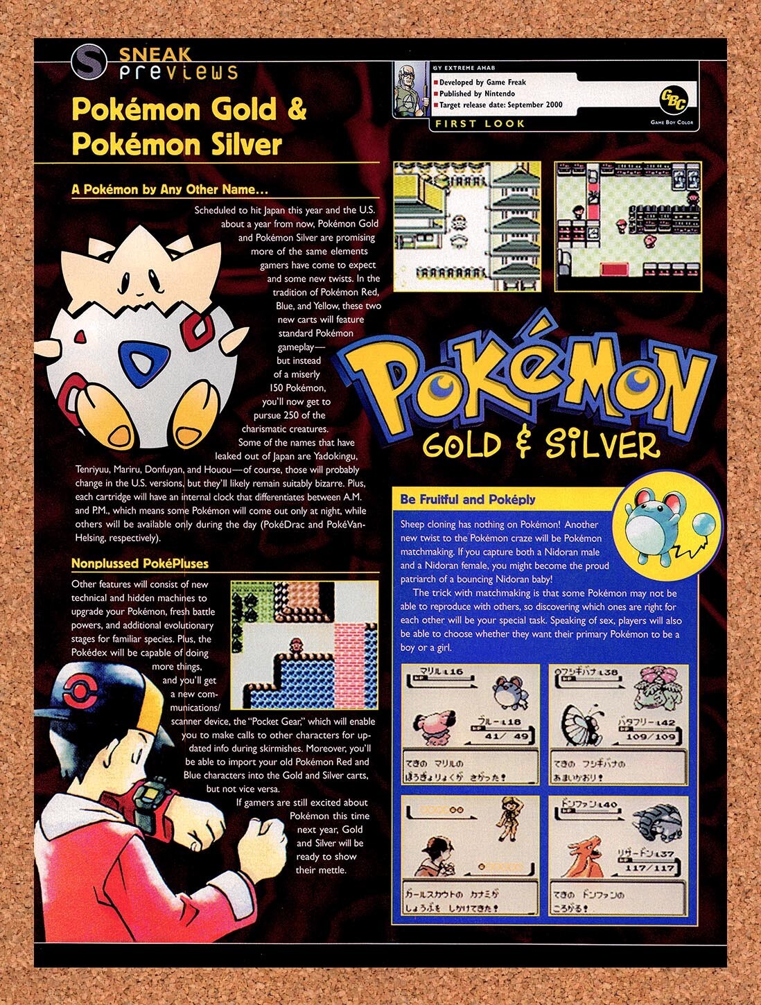1998 Pokemon Gold & Silver GBC Original Advertisement / Retro Wall Art v1