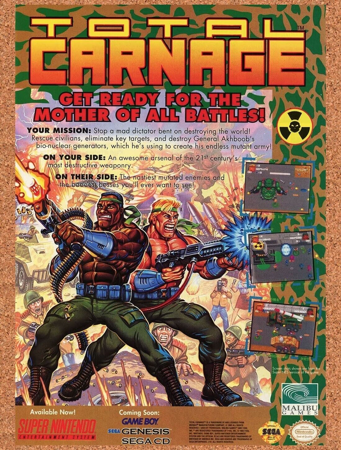 Total Carnage SNES Original 1994 Ad Authentic Nintendo Video Game Promo