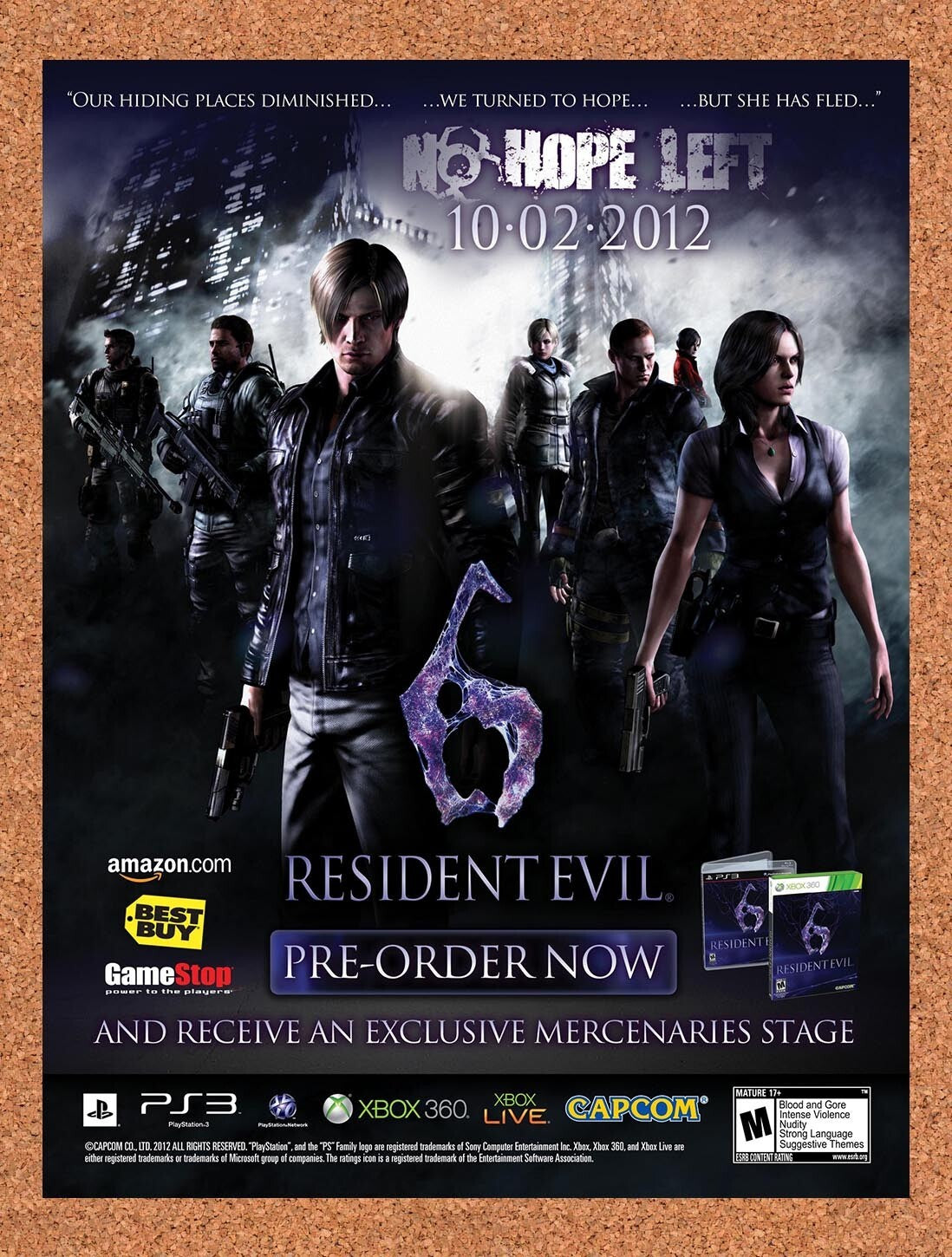 2012 Resident Evil 6 Xbox 360 Original Advertisement / Retro Wall Art v3