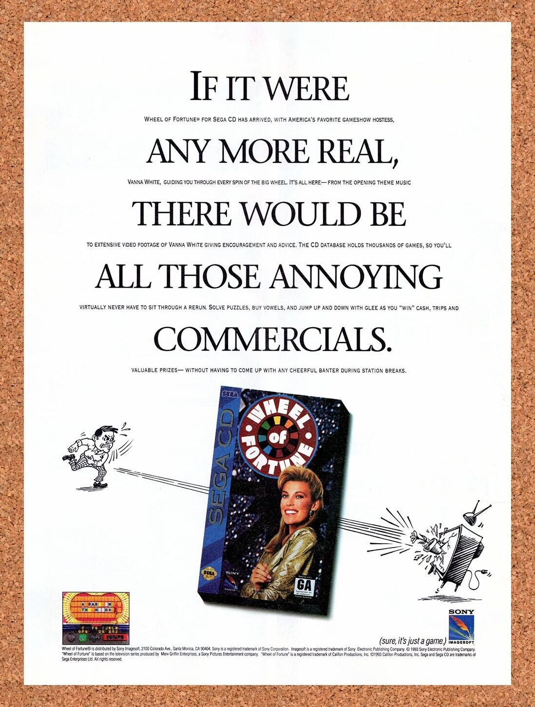 1994 Wheel Of Fortune Sega CD Original Advertisement / Retro Wall Art v1