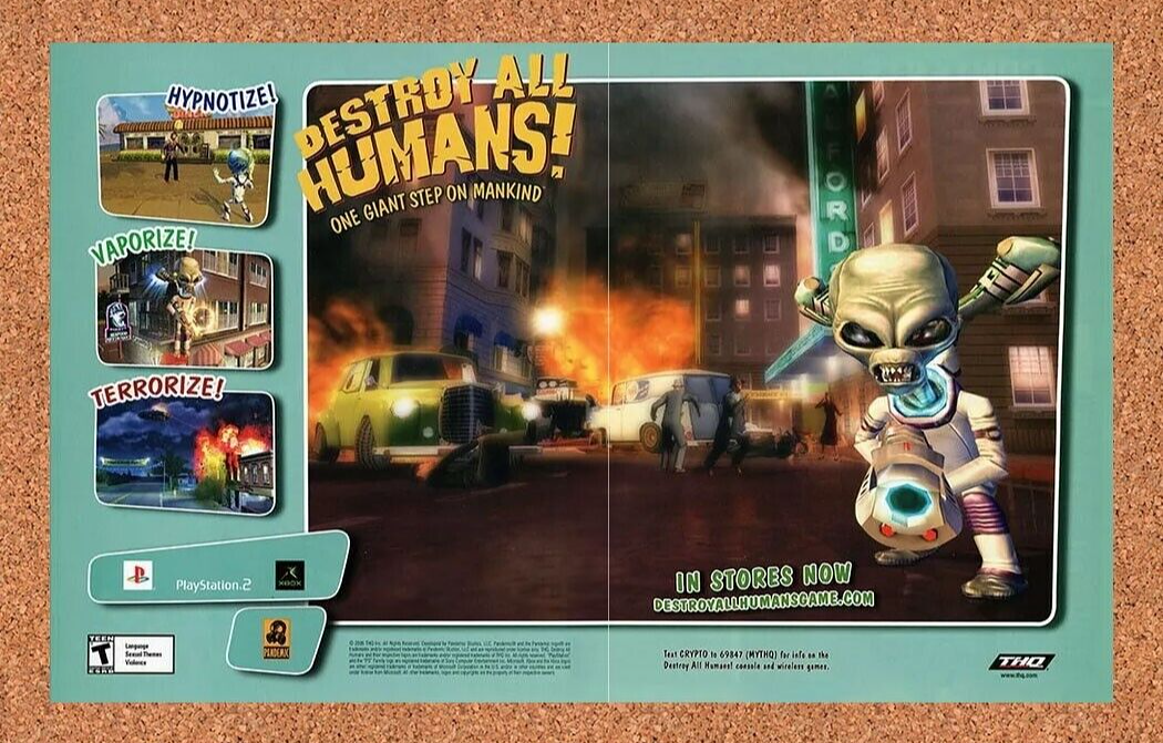 Destroy all Humans Xbox Original 2006 Ad Authentic THQ Alien Video Game Promo