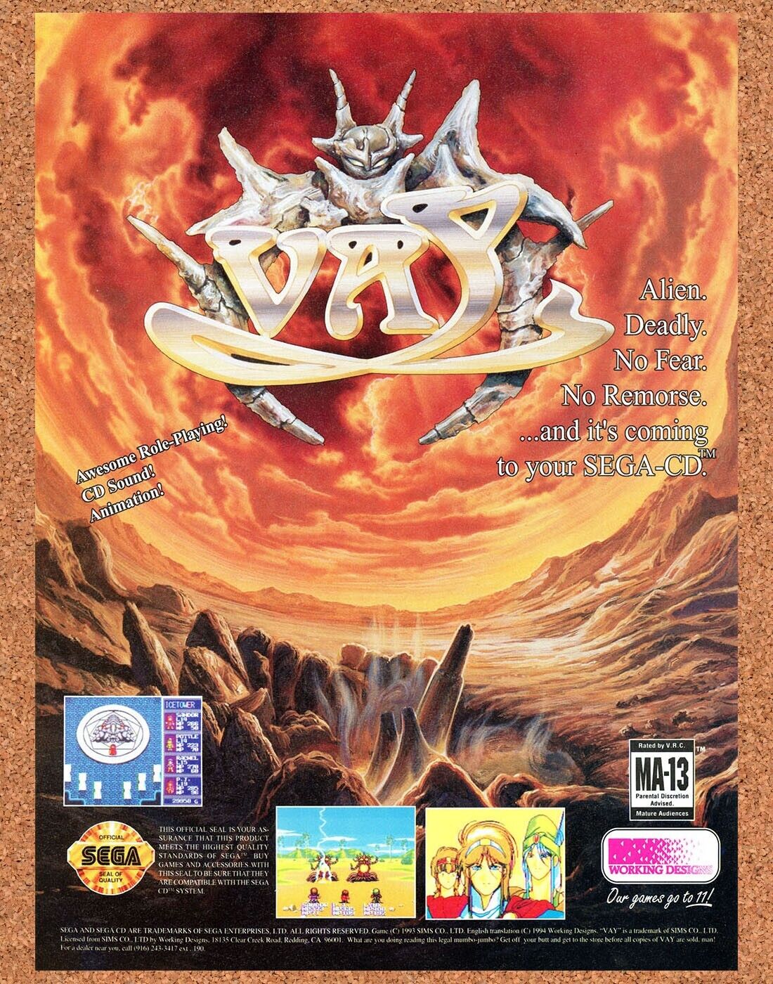 Vay Sega CD Original 1994 Print Ad Authentic Working Designs Video Game Promo