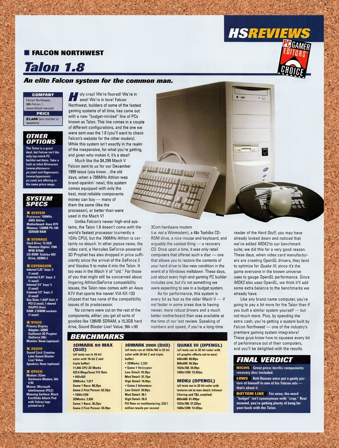 2000 Falcon Northwest Talon 1.8 Original Advertisement / Retro Wall Art v15