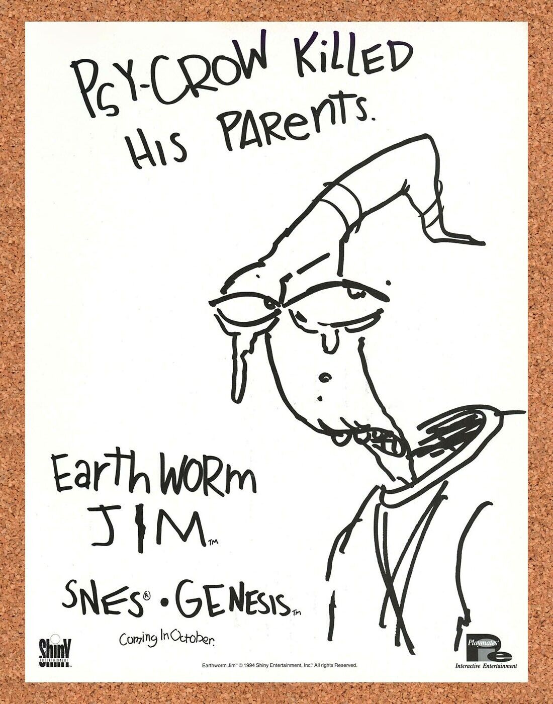 Earthworm Jim Genesis Original 1994 Ad Authentic Sega Video Game Promo Wall Art