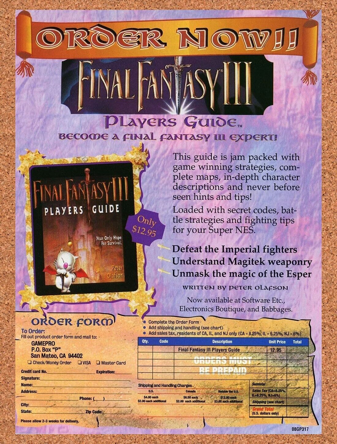Final Fantasy 3 SNES FF3 III Strategy Guide Form Original 1994 Ad Promo