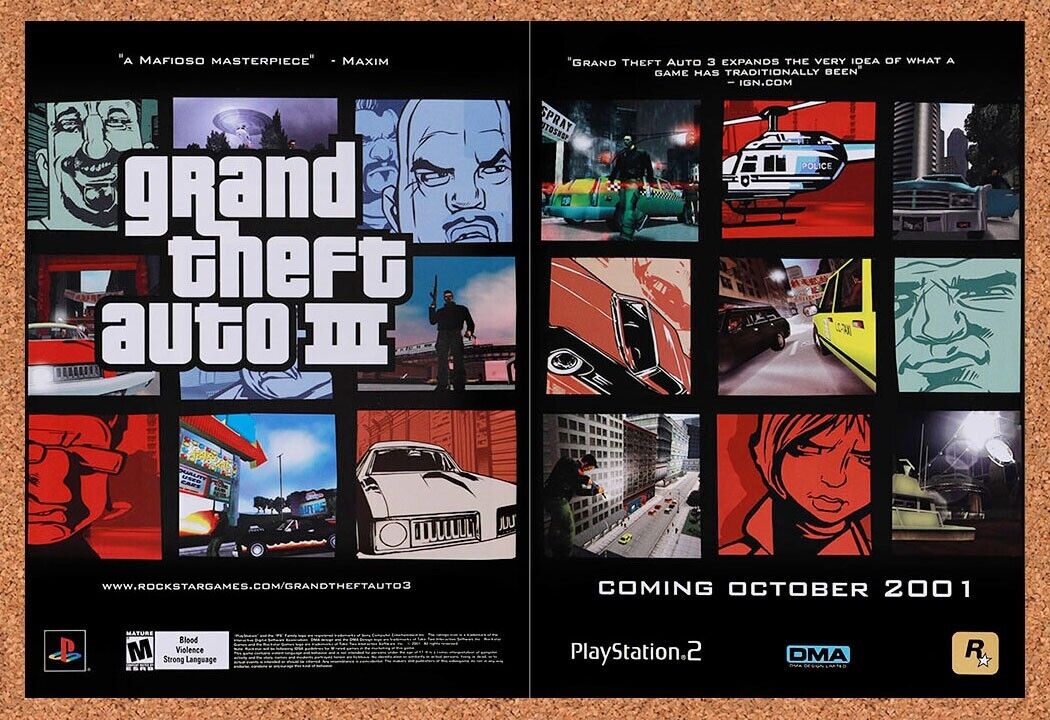 2001 Grand Theft Auto III PS2 Original Advertisement / Retro Wall Art v12