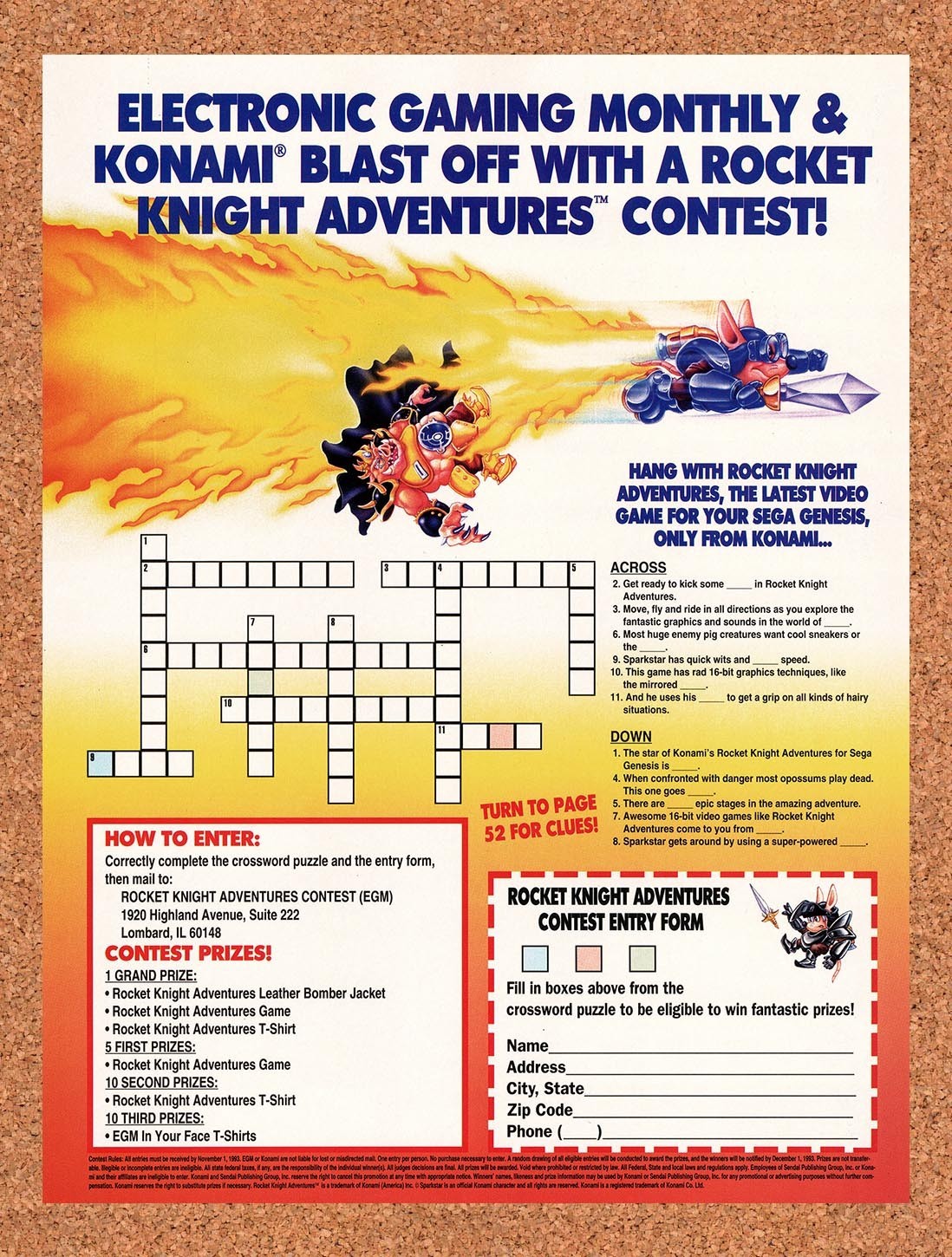 1993 Rocket Knight Adventures Konami Contest Original Ad / Retro Promo v6