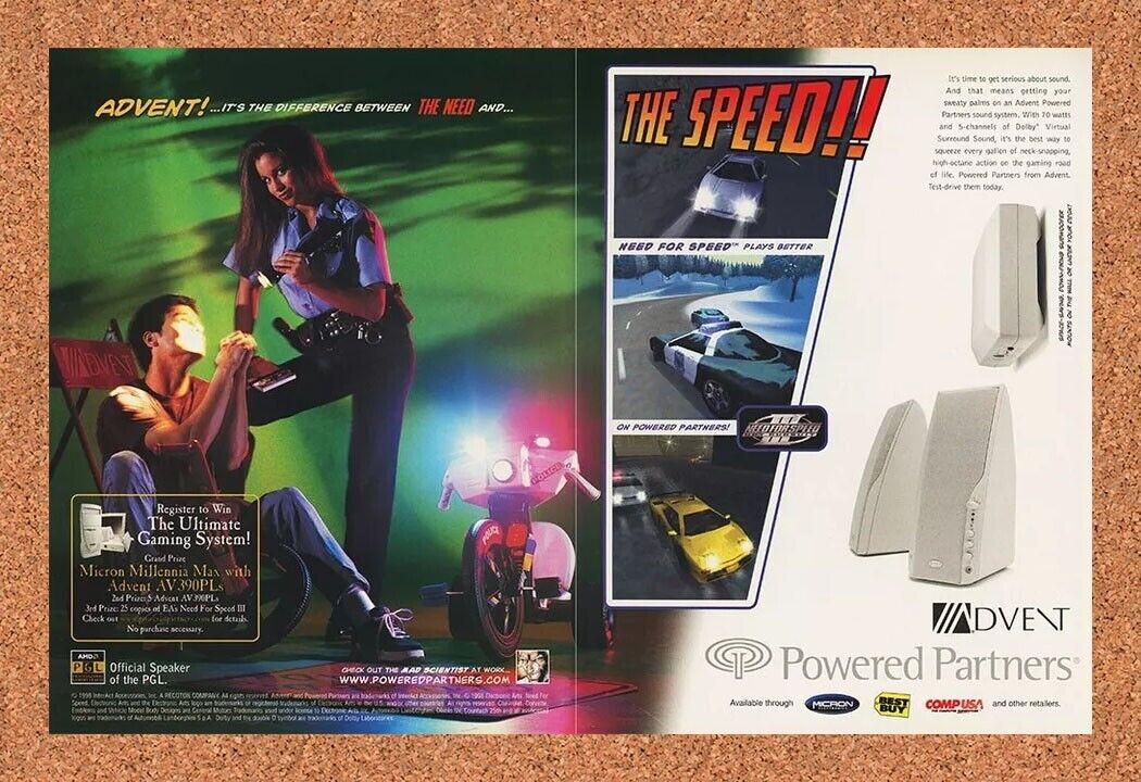 Need for Speed II PC Original 2001 Ad Authentic Advent Sound System Game Promo