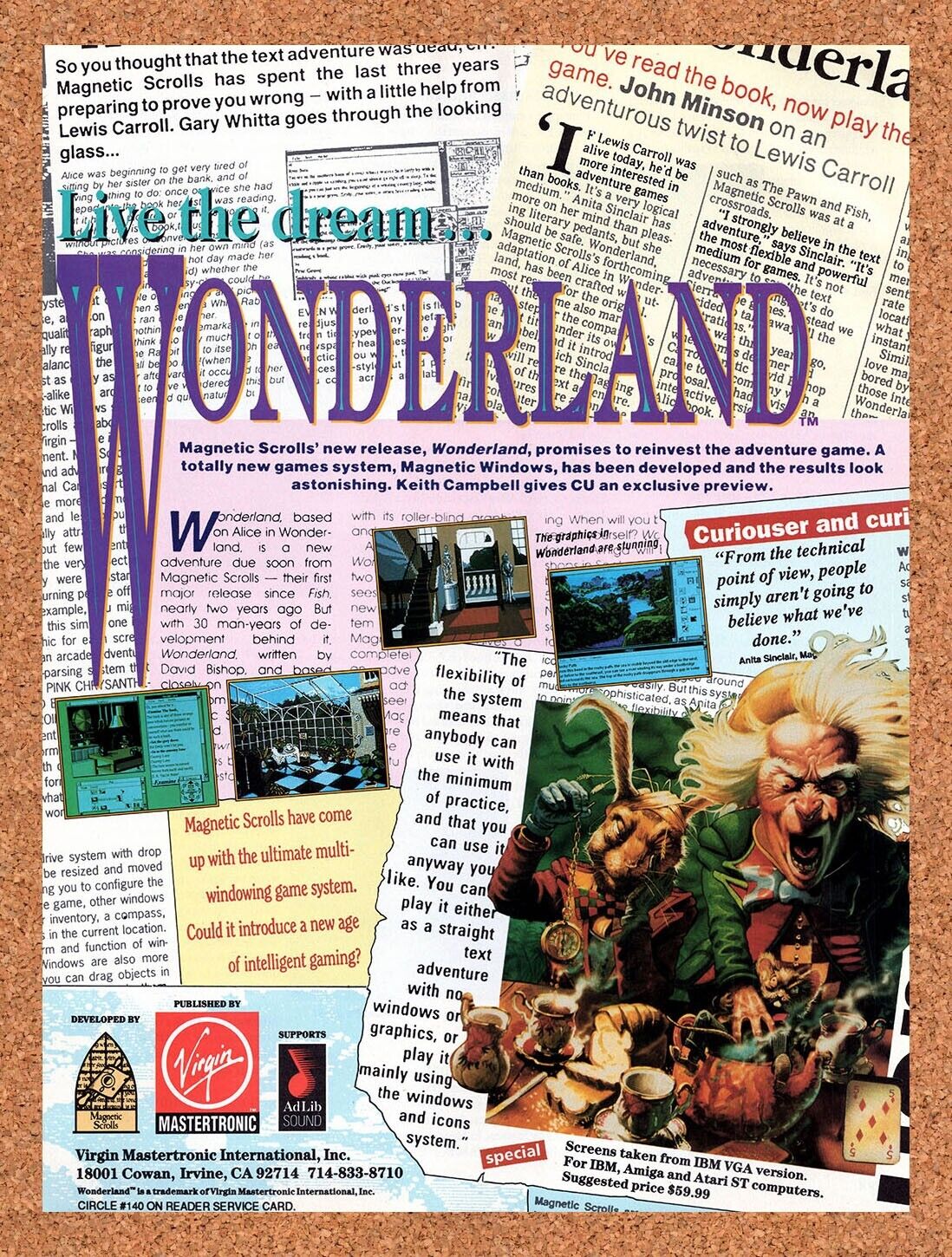 1991 Wonderland Amiga Original Advertisement / Retro Wall Art v2