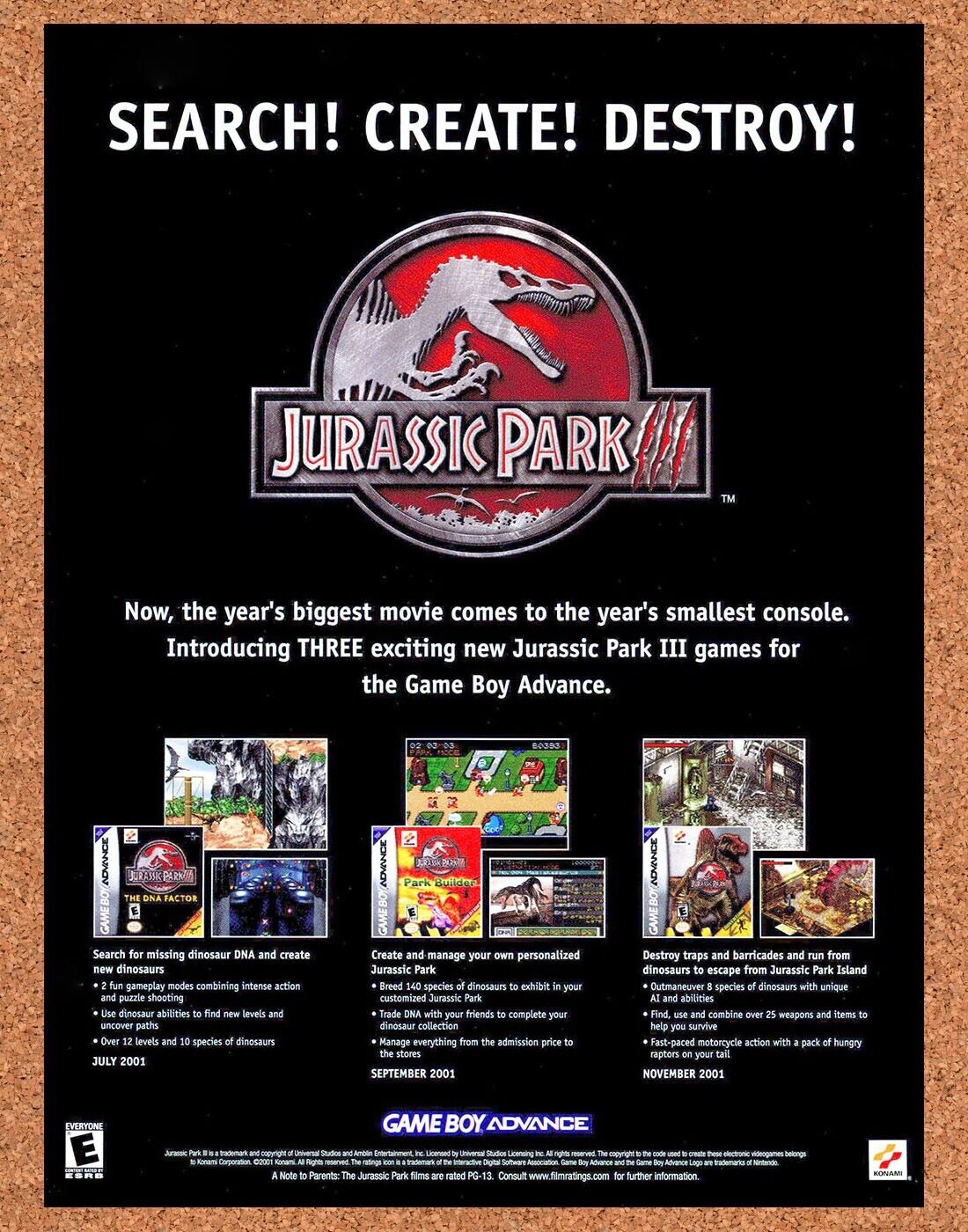 Jurassic Park III GBA Original 2002 Ad Authentic Konami Horror Video Game Promo