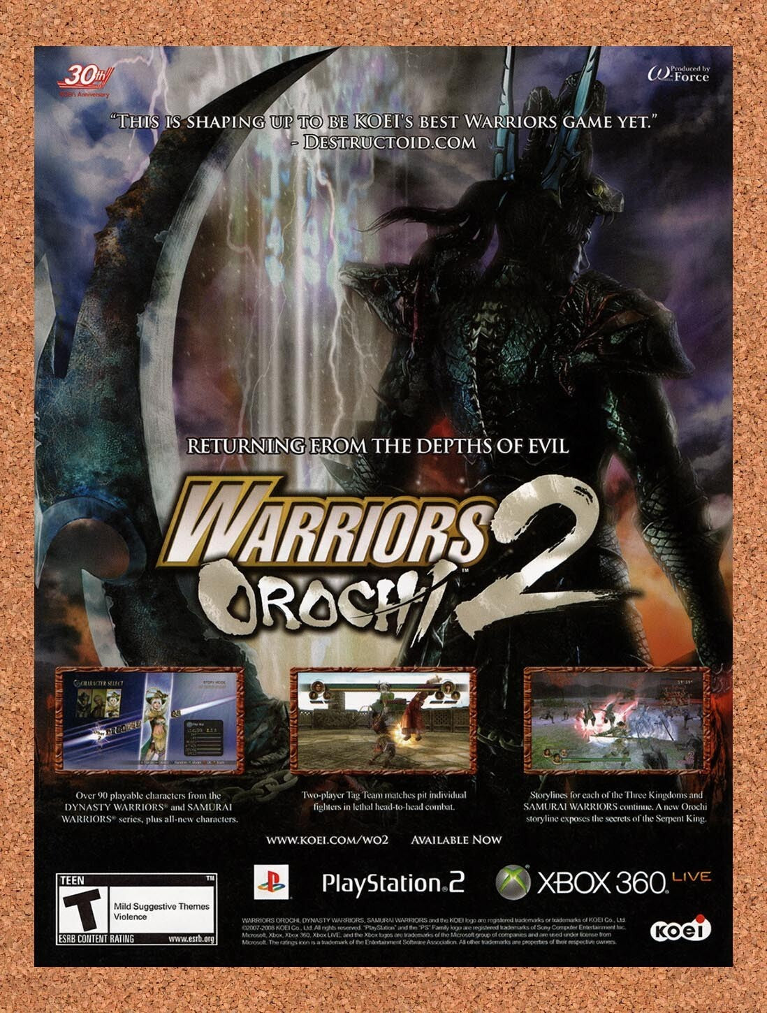 2008 Warriors Orochi 2 Xbox 360 Original Advertisement / Retro Wall Art v1