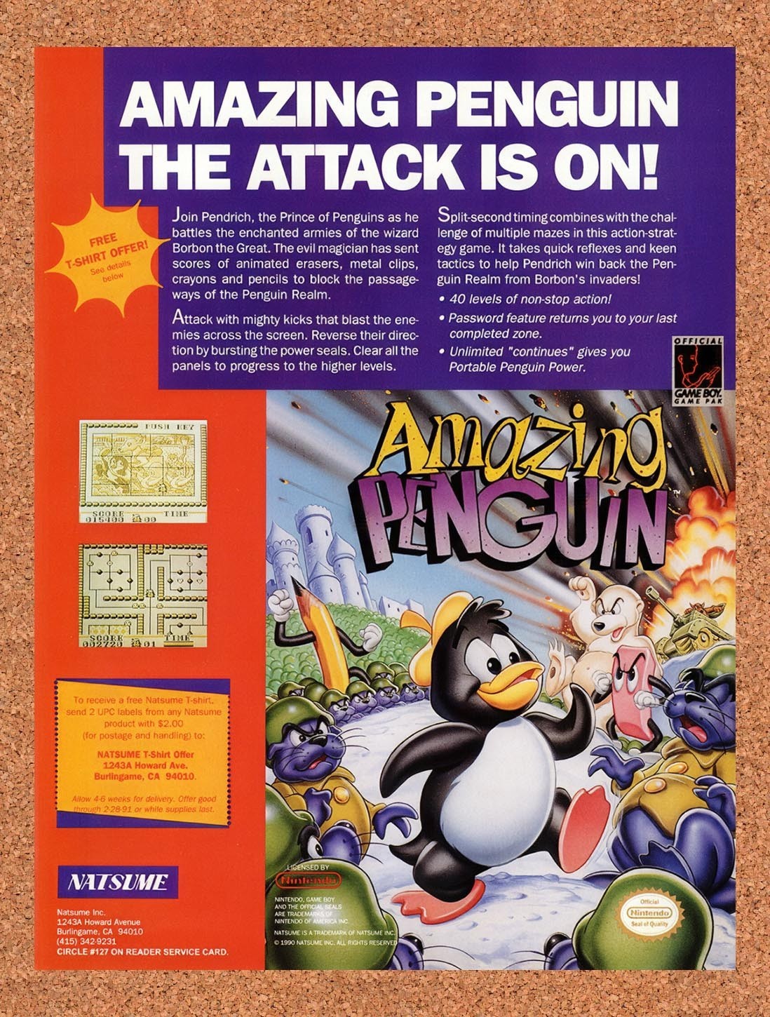 1990 Amazing Penguin Game Boy Original Advertisement / Retro Promo v1