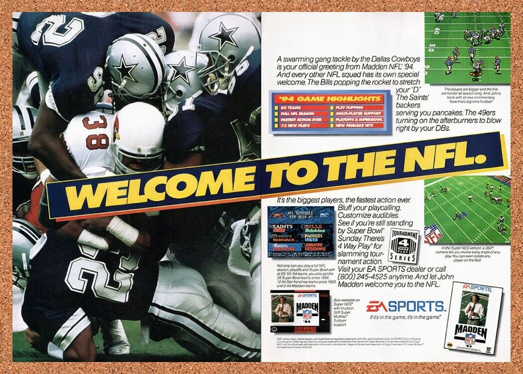 1995 Madden 94 SNES Original Advertisement / Retro Wall Art v1