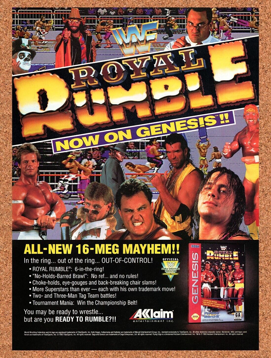 1993 WWF Royal Rumble Genesis Original Advertisement / Retro Wall Art v4