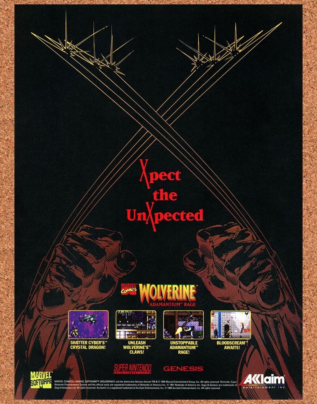 Wolverine Adamantium Rage SNES Original 1994 Ad Authentic Video Game Art Promo