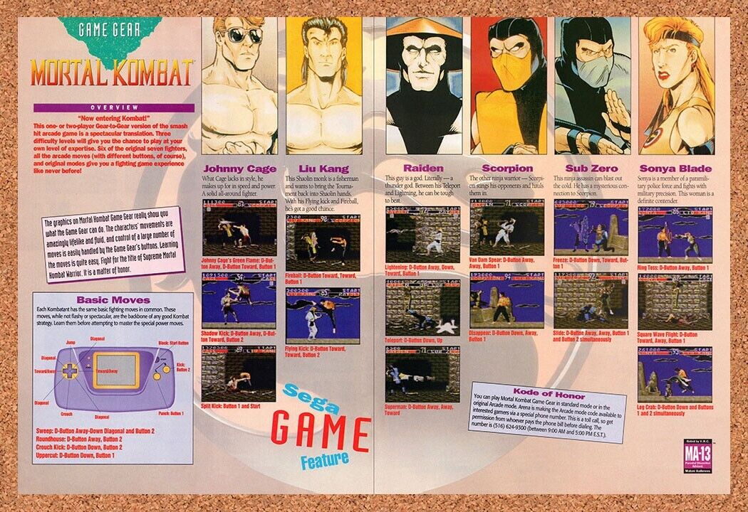 1993 Mortal Kombat Game Gear Original Advertisement / Retro Wall Art v16