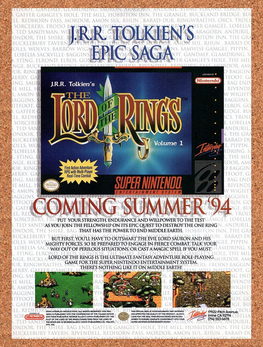 1994 Lord Of The Rings SNES Original Advertisement / Retro Wall Art v6