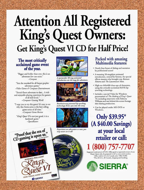 1993 King's Quest VI Heir Today Gone Tomorrow PC Original Ad / Retro Promo v1