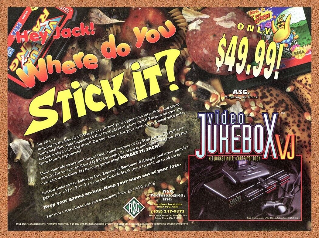 Sega Genesis Video Jukebox VJ Original 1994 Ad Authentic Video Game Art Promo
