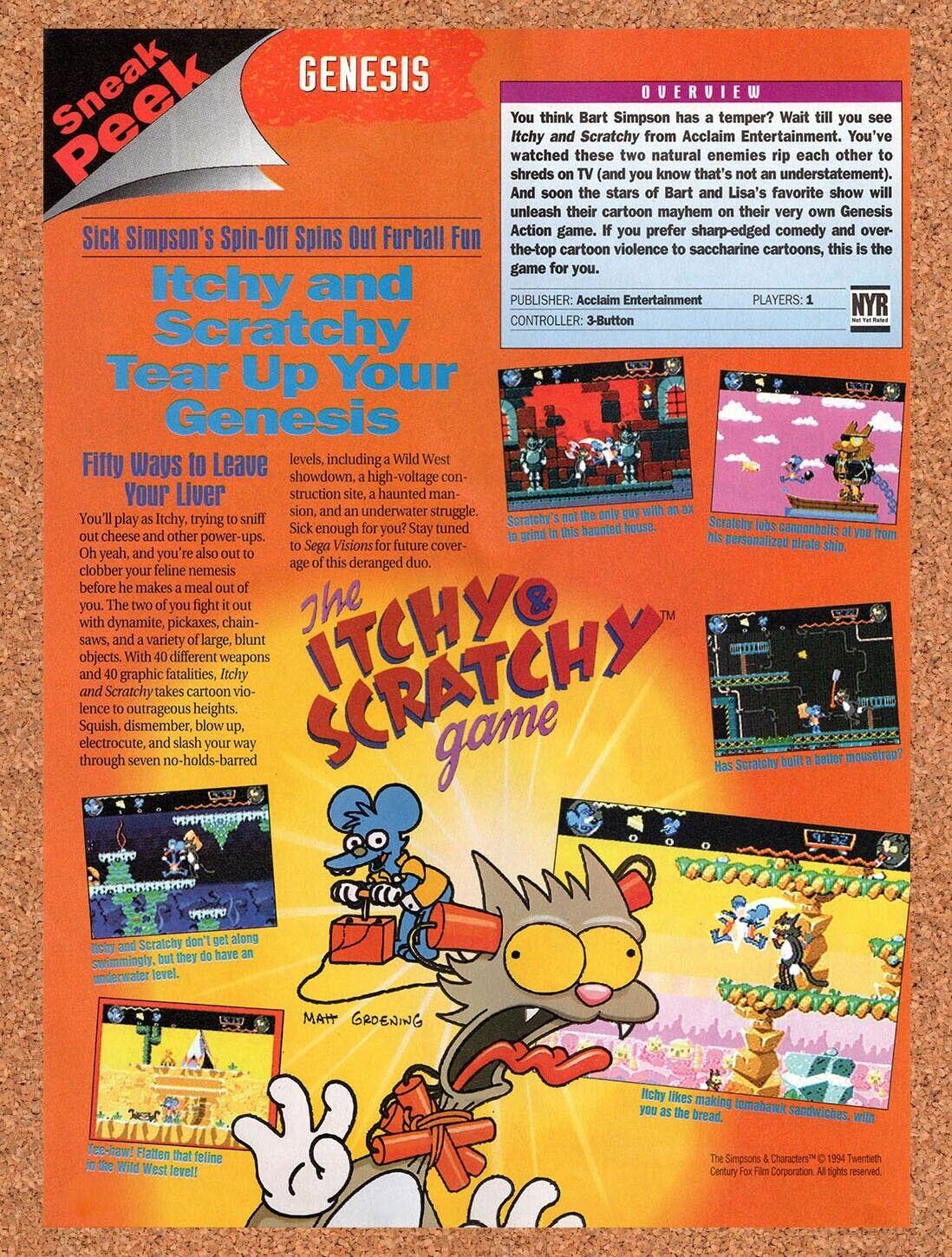 The Itchy & Scratchy Game Genesis Original 1994 Vintage Ad - Video Game Promo