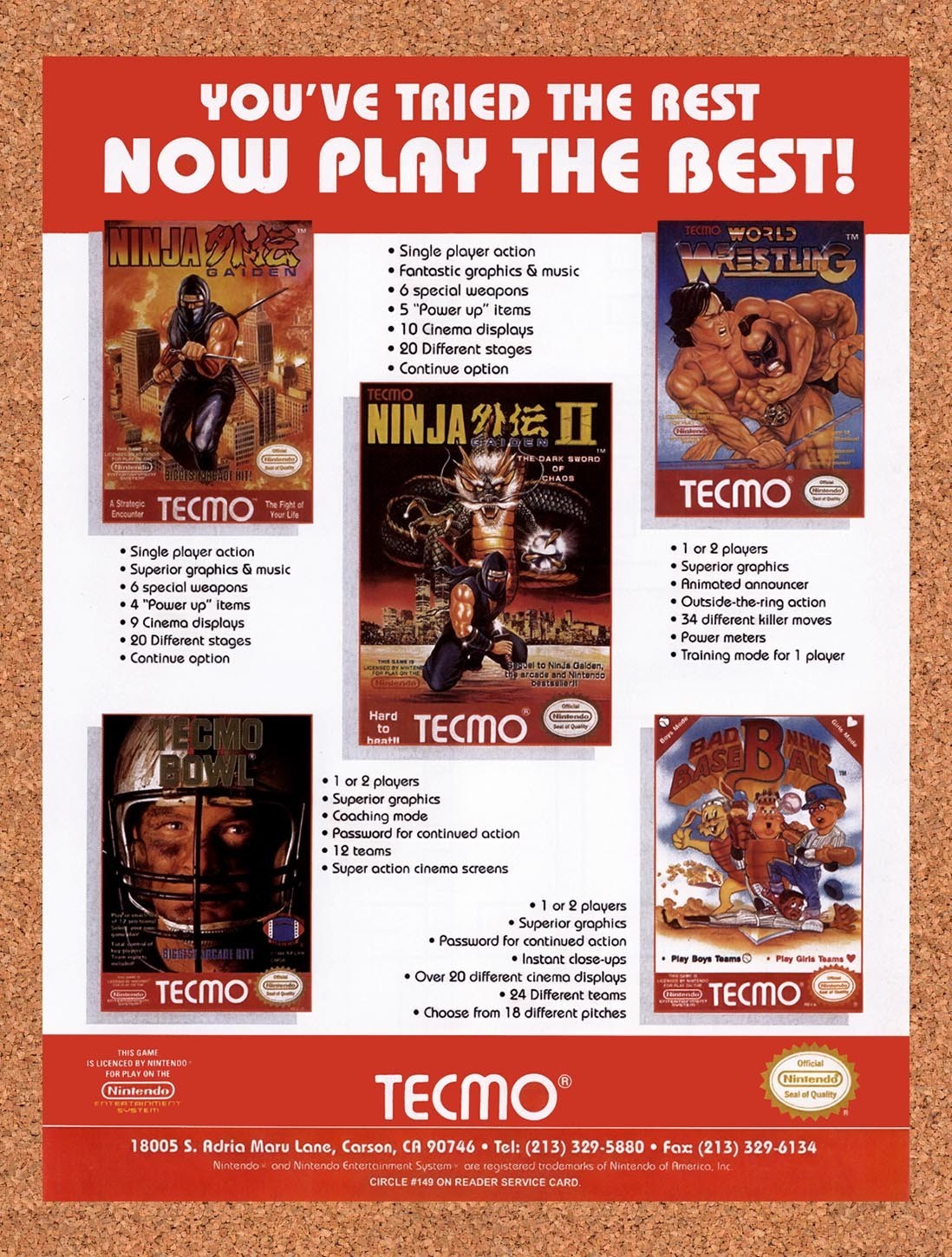 1990 Tecmo NES Games Original Advertisement / Retro Promo vg4