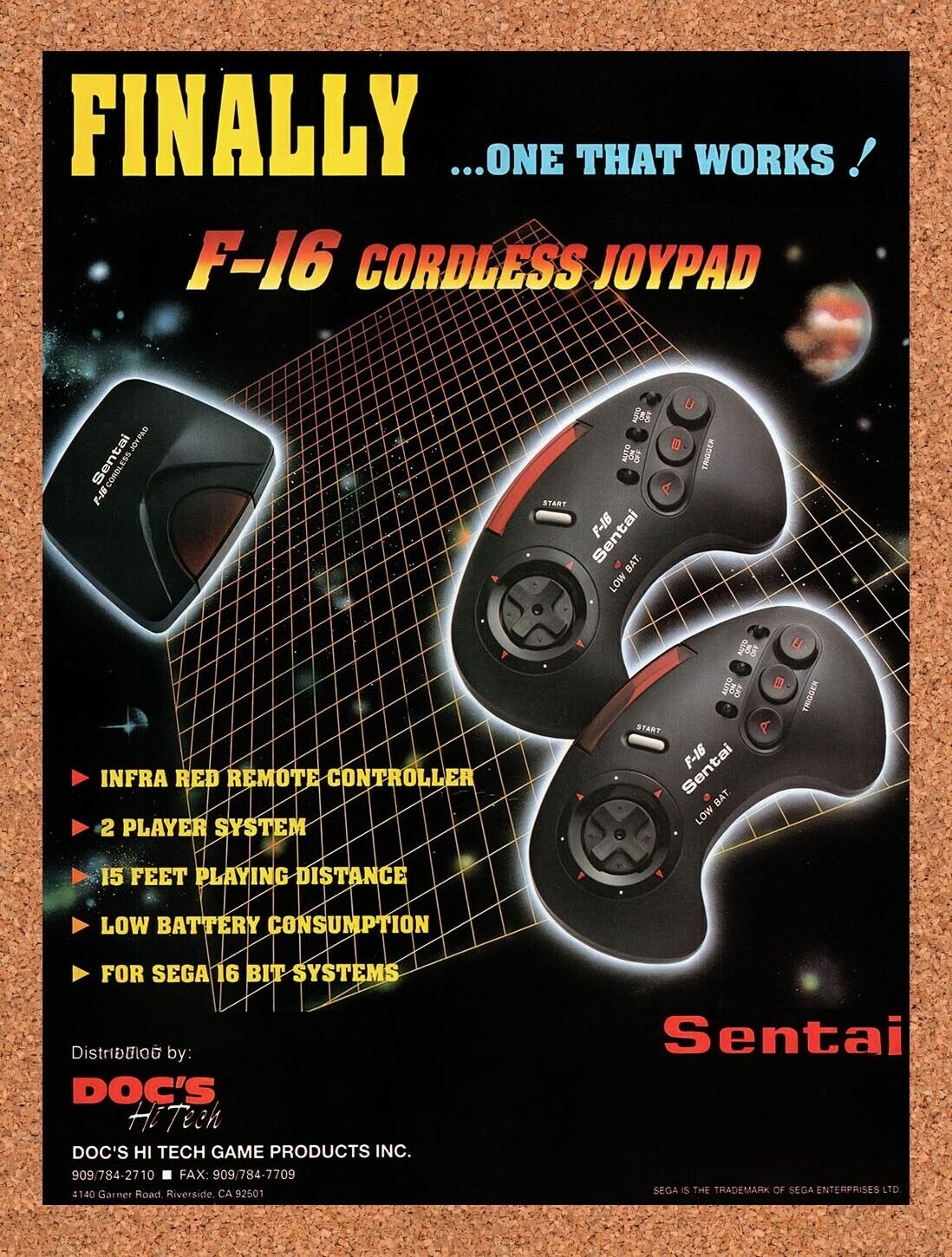 1993 Sentai F-16 Cordless Genesis Joypad Original Ad / Retro Wall Art v1