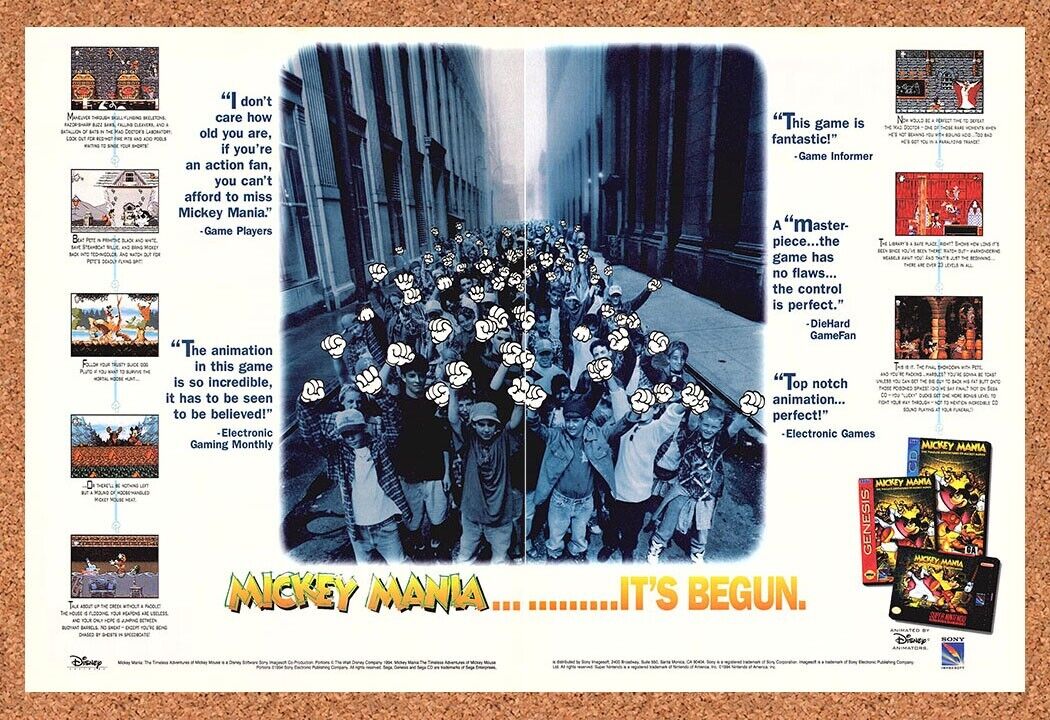 Mickey Mania Sega Genesis Original 1994 Ad Authentic Disney Video Game Art Promo