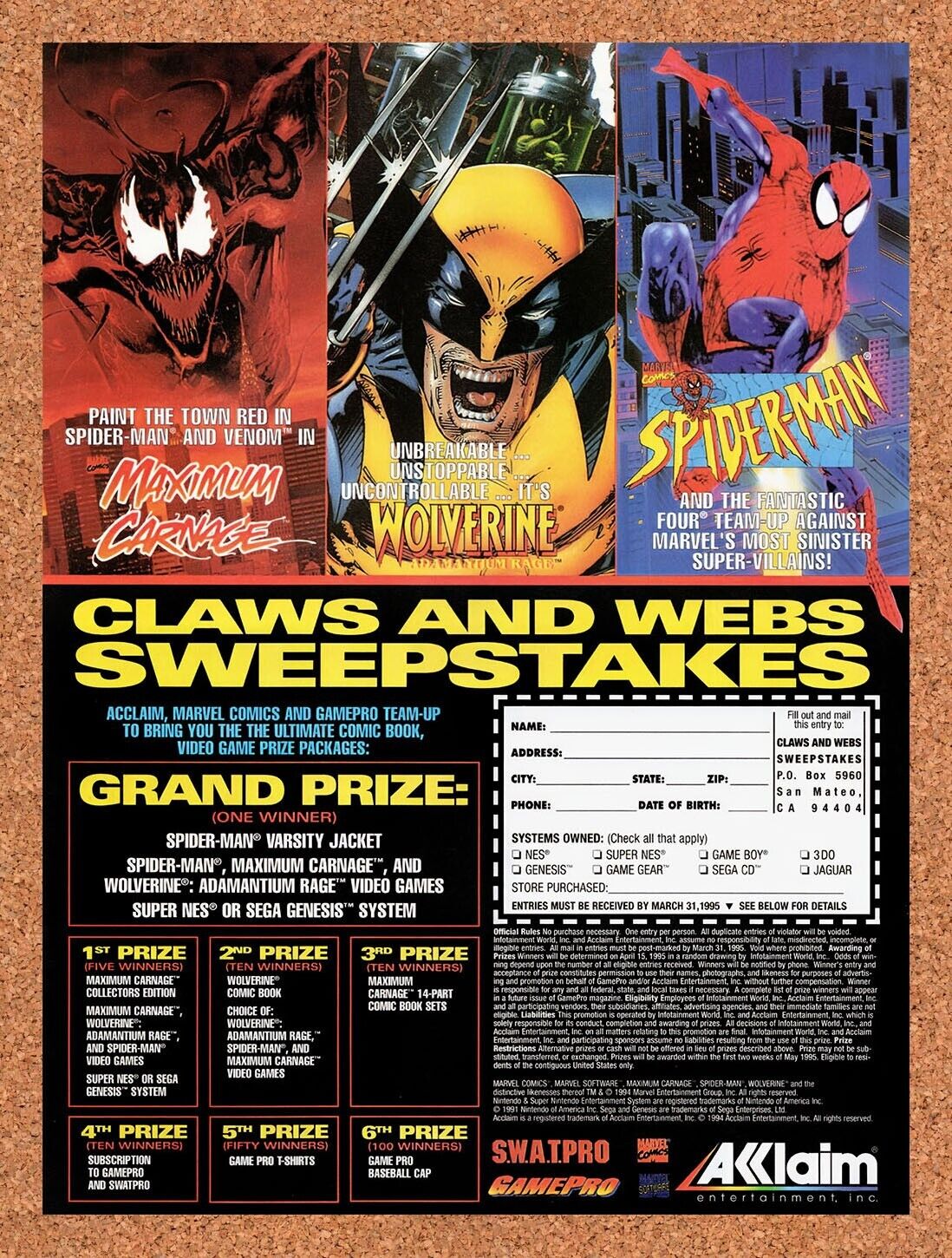 1995 Marvel Claws And Webs Sweepstakes Original Ad / Retro Wall Art v1