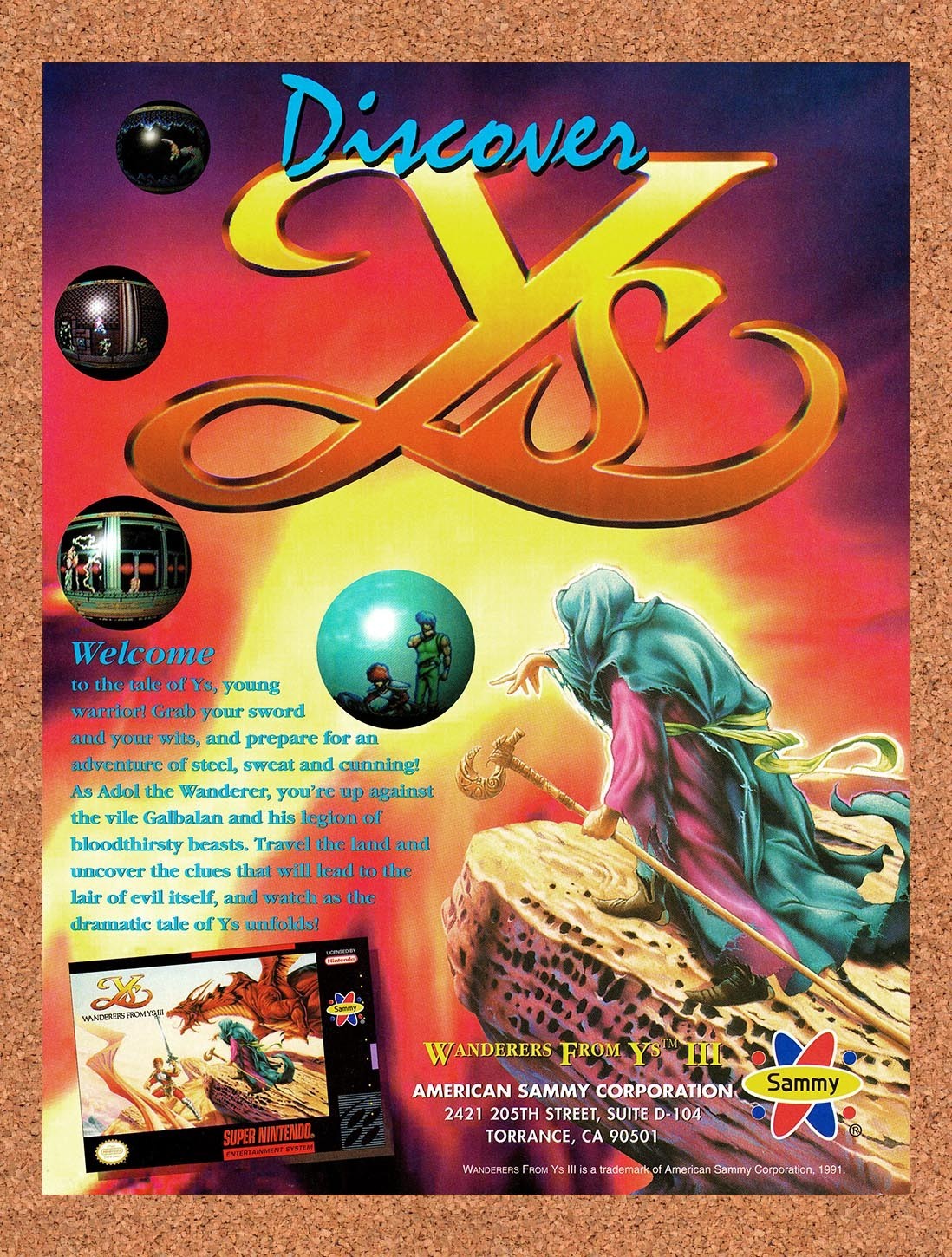 1993 Ys III Wanderers From Ys SNES Original Advertisement / Retro Promo v2