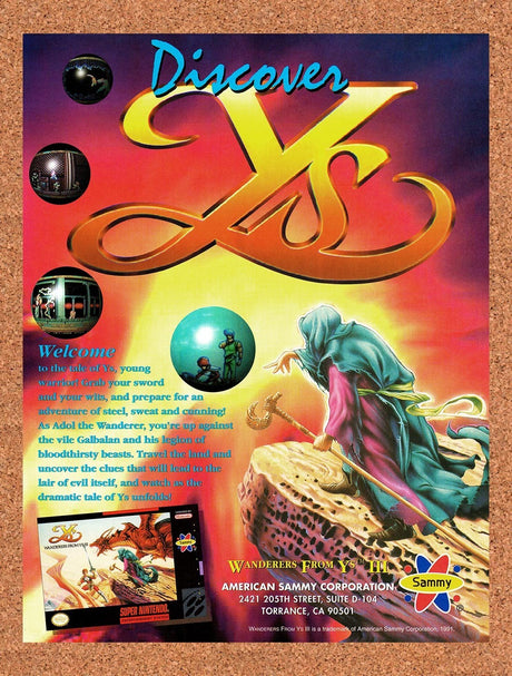 1993 Ys III Wanderers From Ys SNES Original Advertisement / Retro Promo v2