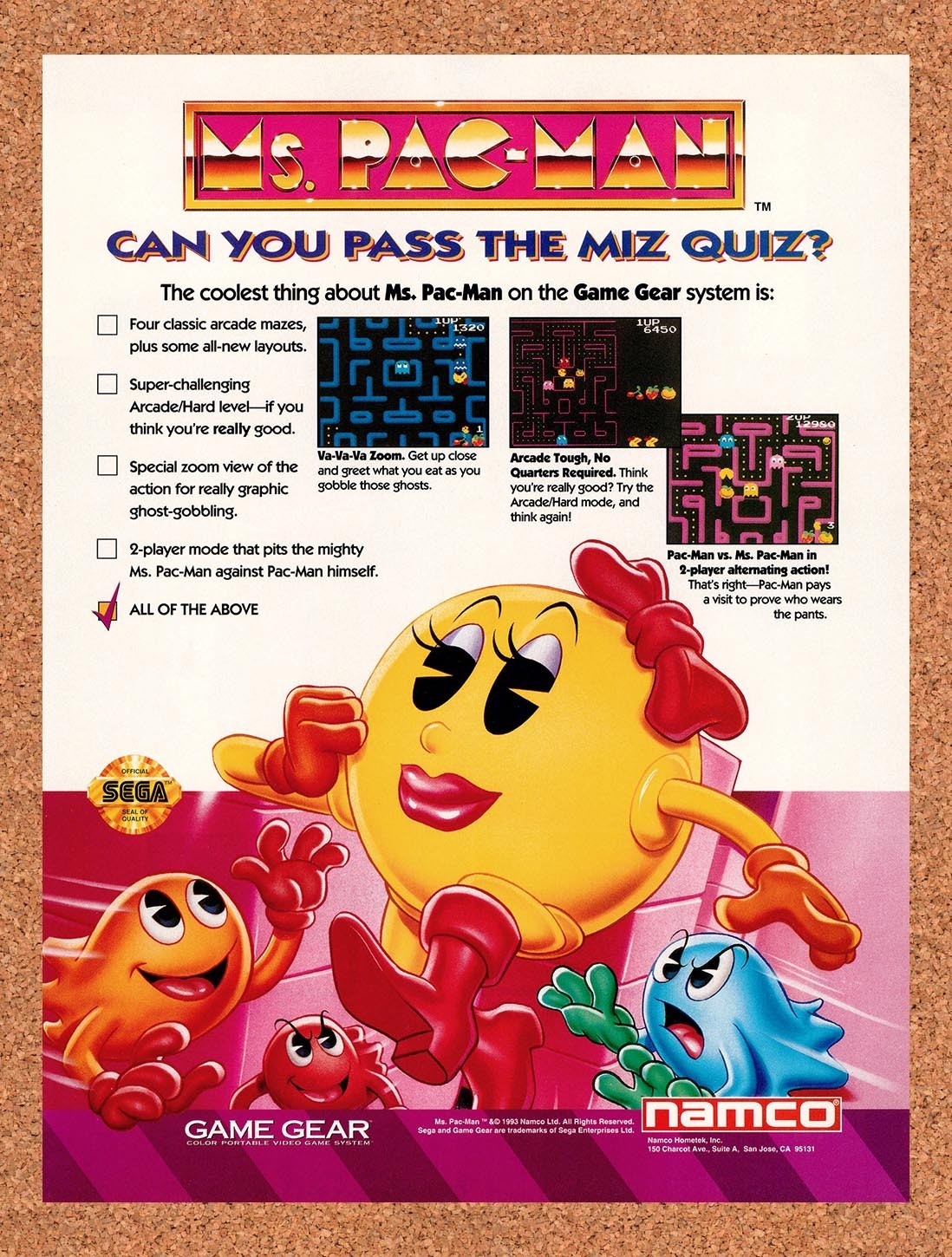 1994 Ms Pac-Man Game Gear Original Advertisement / Retro Promo v1
