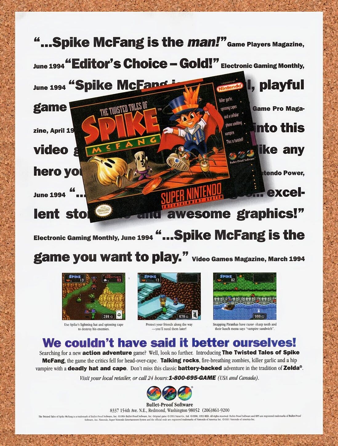 1994 Spike McFang SNES Original Advertisement / Retro Wall Art v1