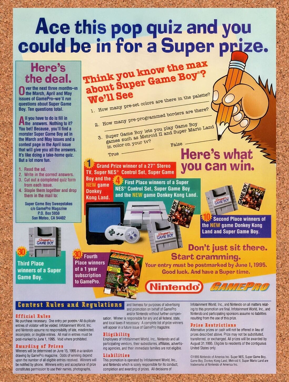 1995 Super Game Boy Pop-Quiz Original Advertisement / Retro Wall Art v3