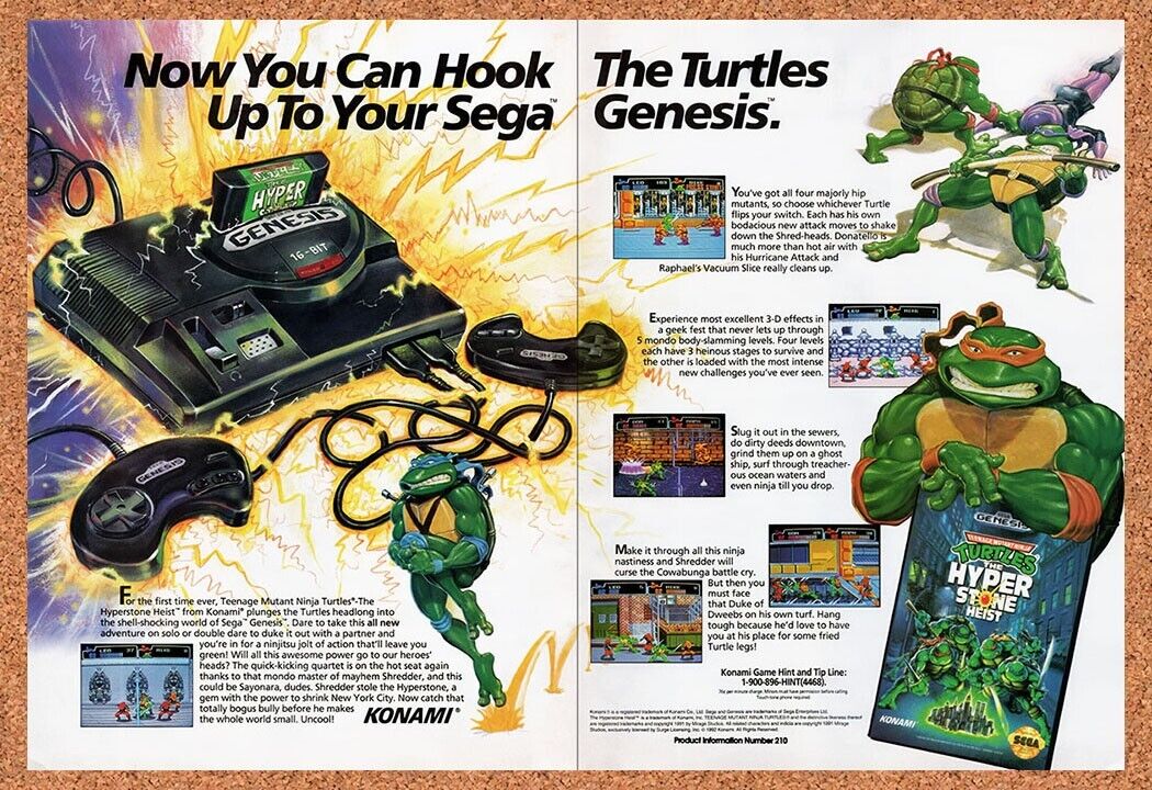 1993 TMNT The Hyperstone Heist Genesis Original Ad / Retro Wall Art v1