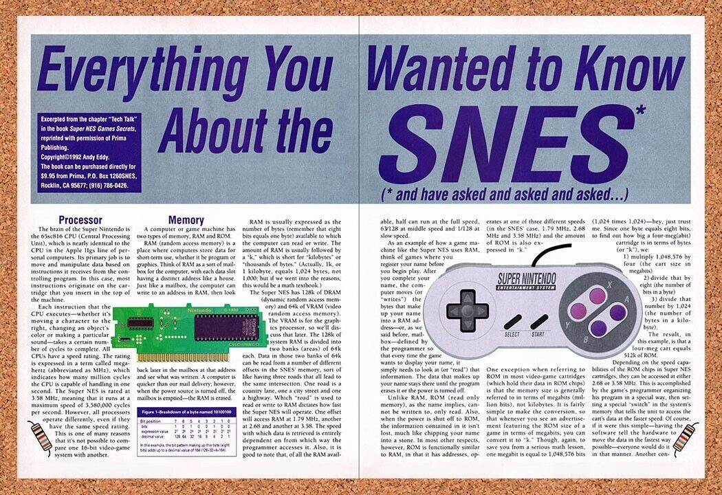 1992 Nintendo SNES Release Specs Original Advertisement / Retro Wall Art v7