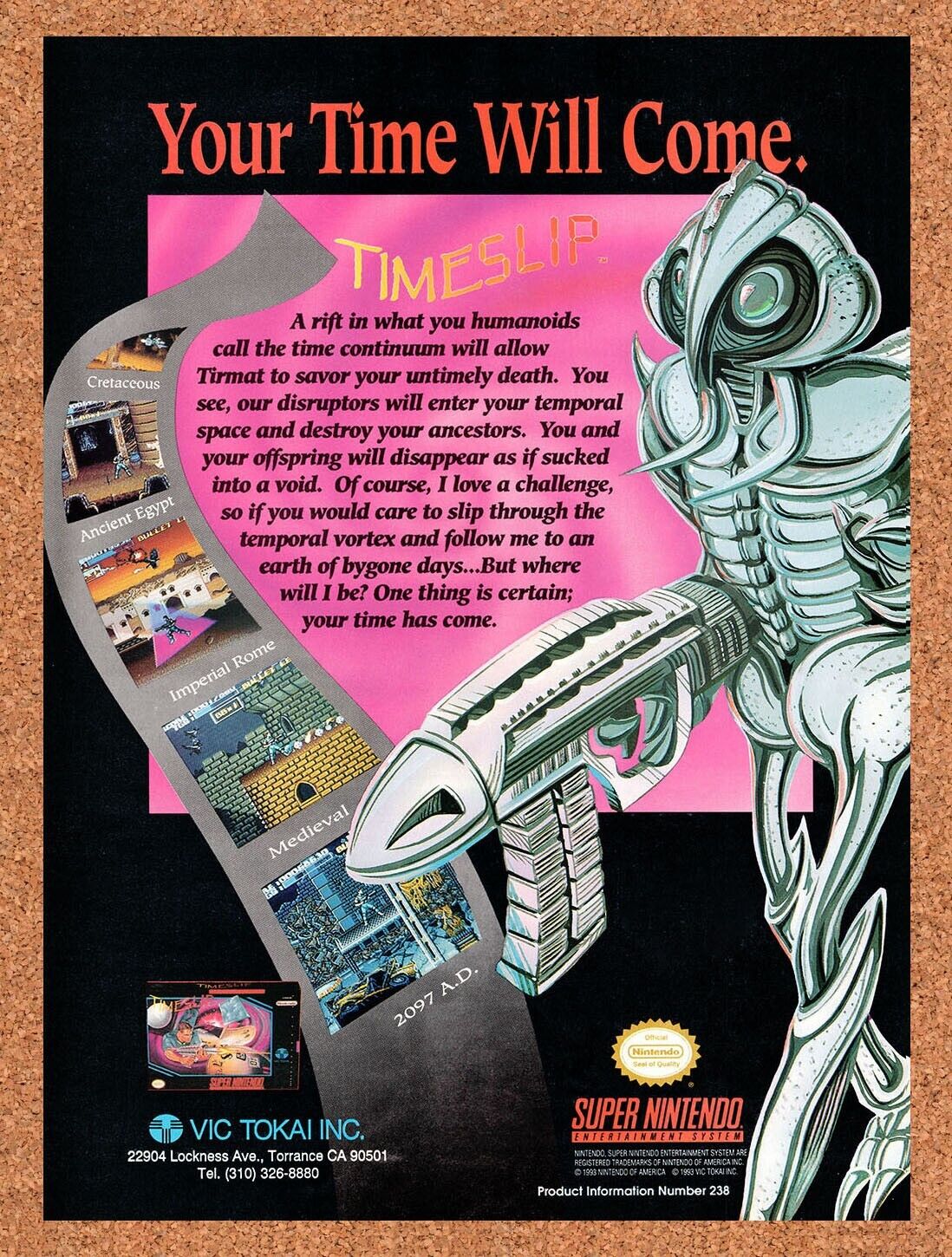 1993 Time Slip SNES Your Time Will Come. Ad Original Ad / Retro Wall Art v1