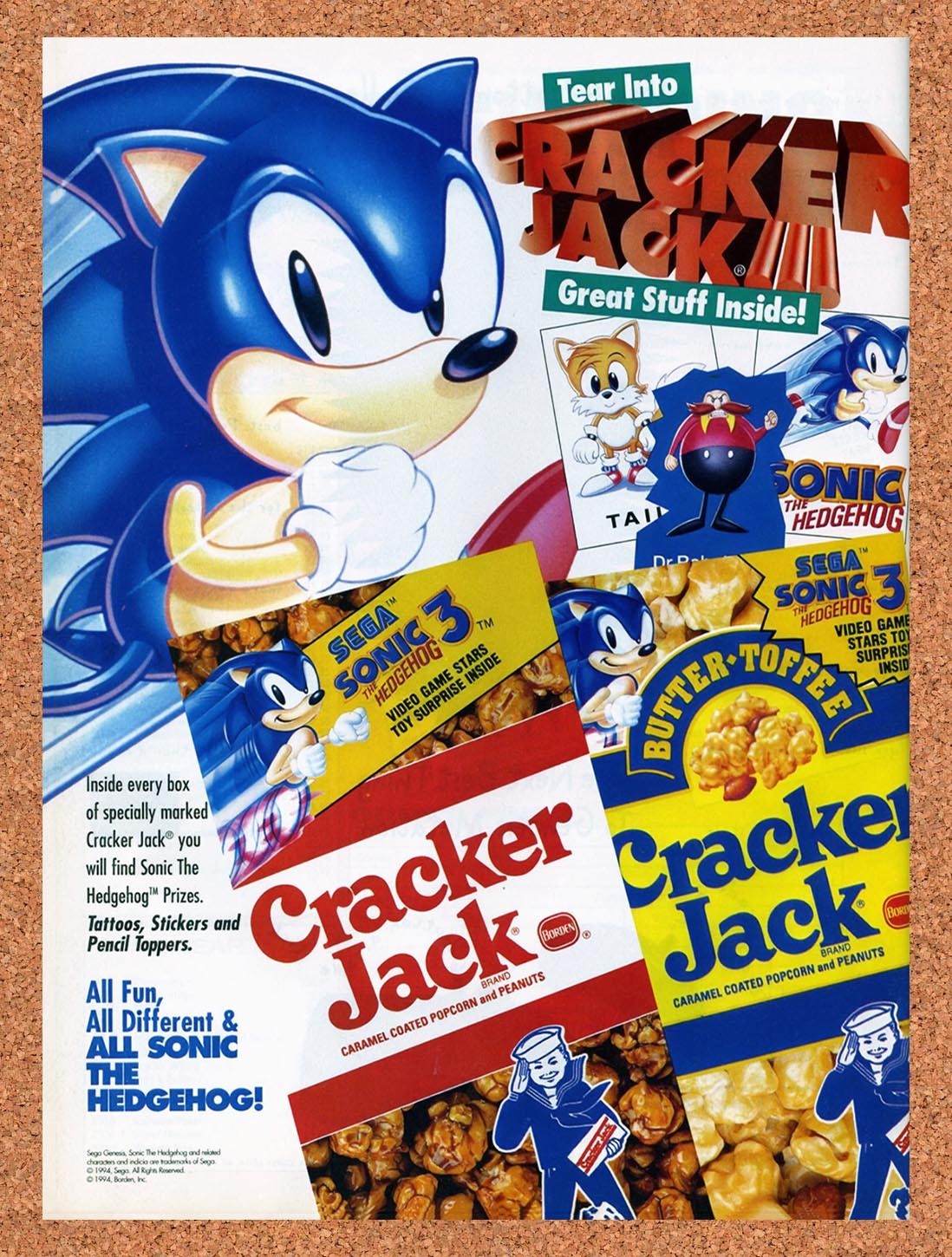 1994 Sonic 3 Cracker Jacks Original Advertisement / Retro Promo v4