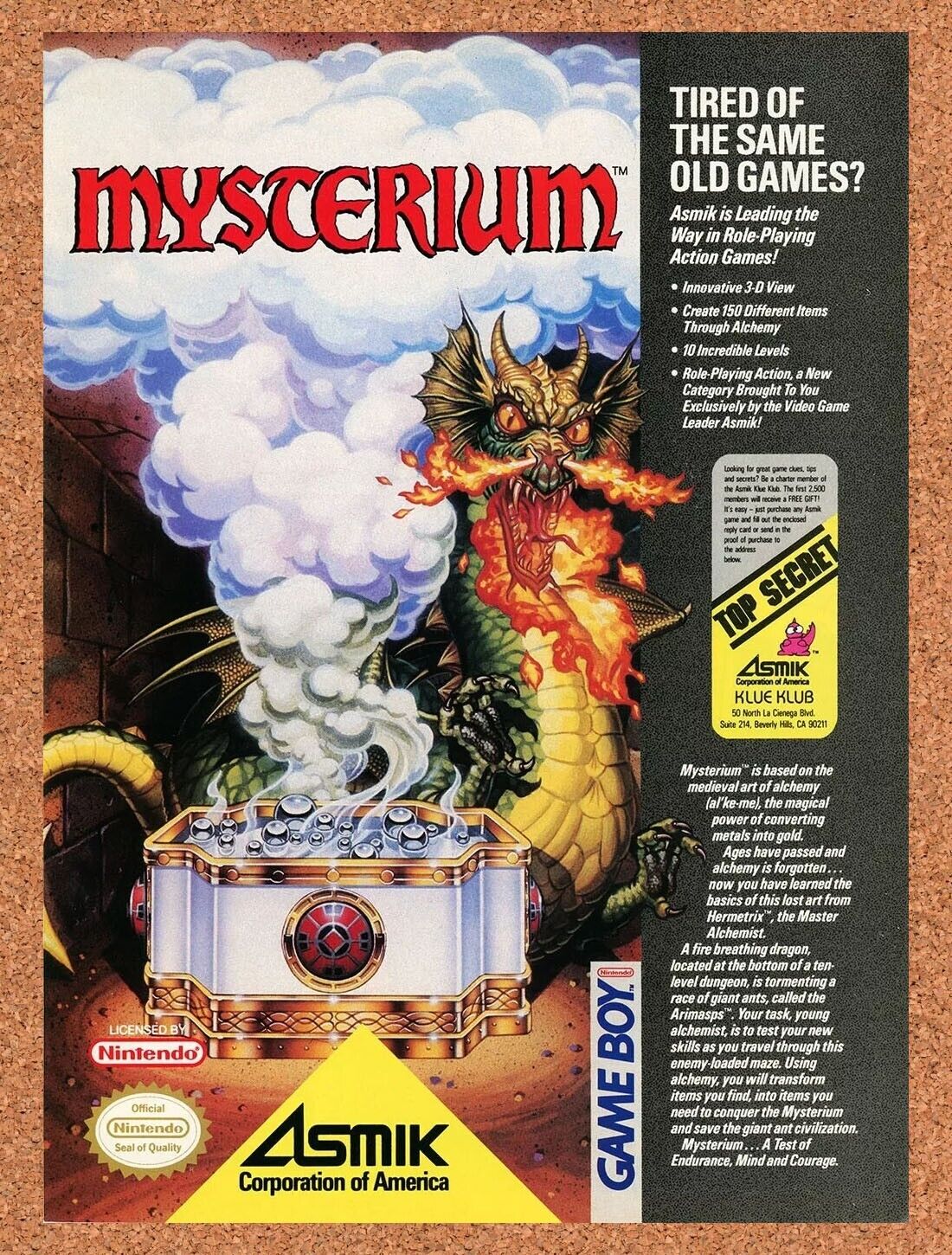 Mysterium Gameboy Original 1990 Ad Authentic Nintendo Video Game Promo
