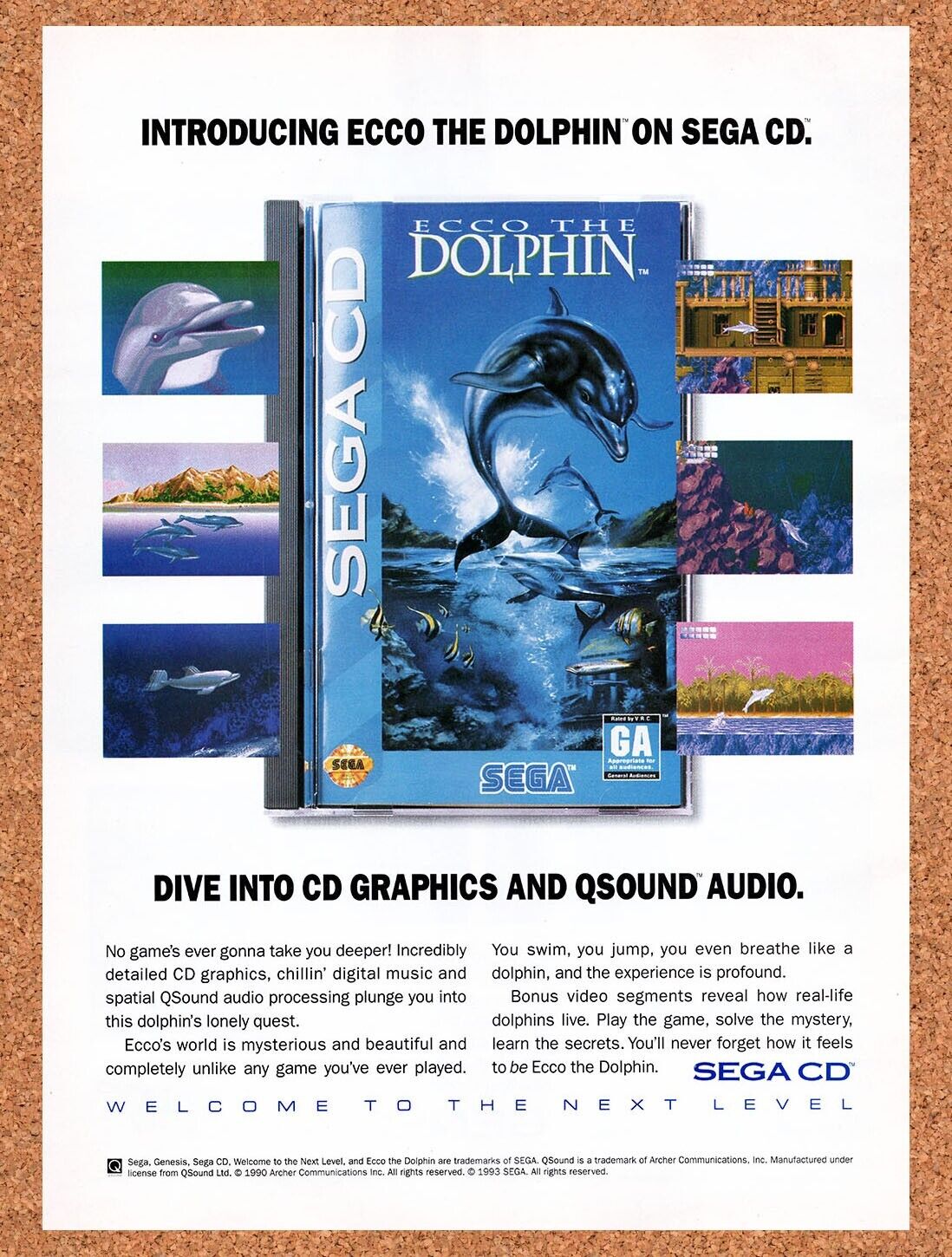 1993 Ecco The Dolphin Sega CD Original Advertisement / Retro Wall Art v3