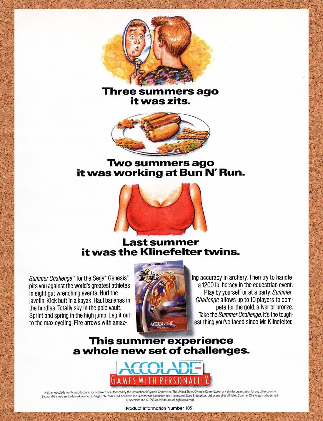 1993 Summer Challenge NES Original Advertisement / Retro Wall Art v1