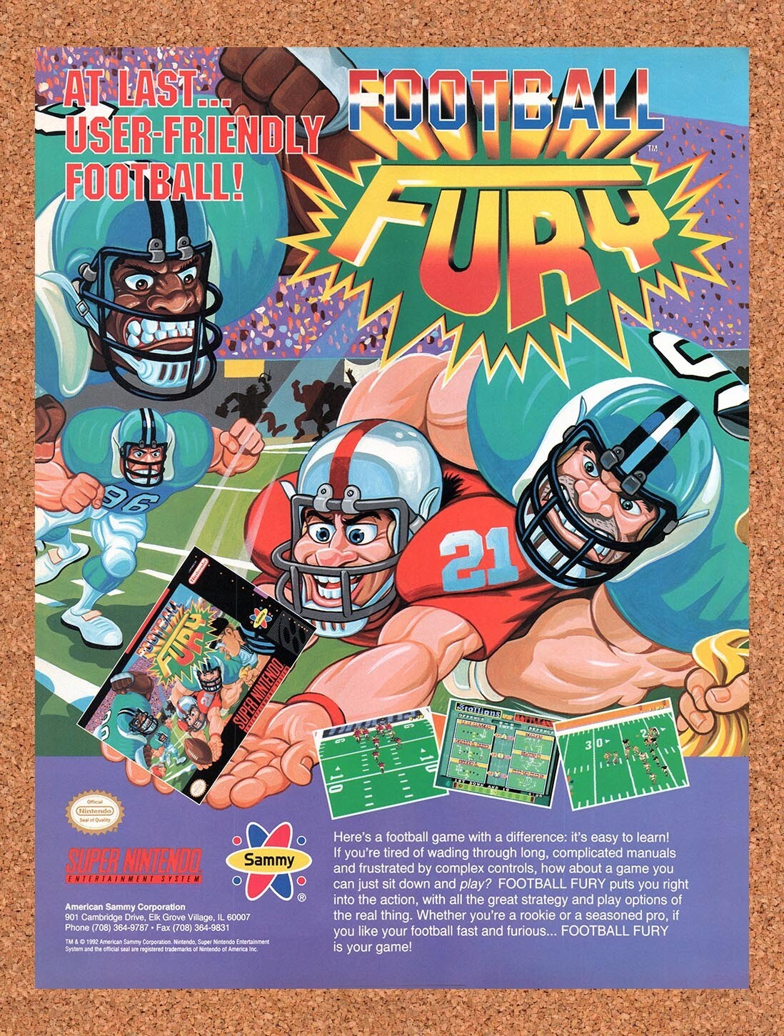 1993 Football Fury SNES Original Advertisement / Retro Wall Art v1