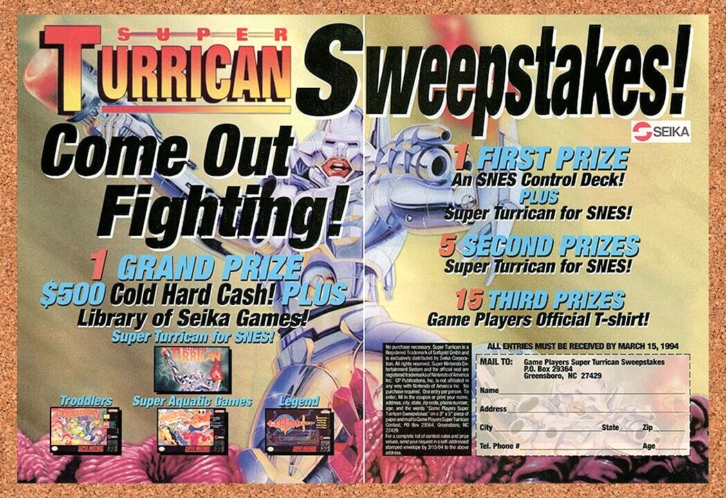 Super Turrican SNES Sweepstakes Original 1994 Ad Authentic Nintendo Promo